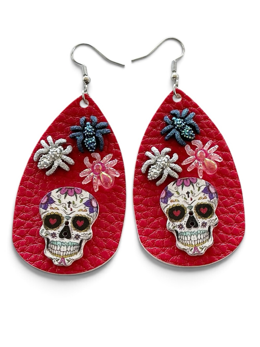 🆕 3D Sugar Skulls with Spiders Faux Leather Dangle Earrings
